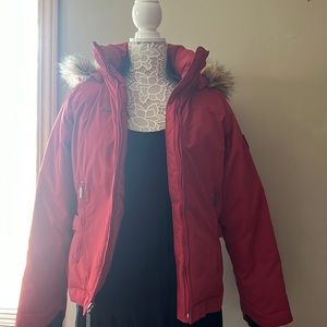 Columbia red puffer jacket with fur hood